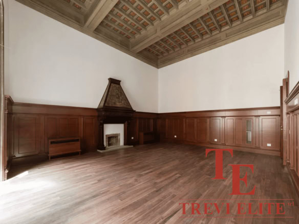 Роскошный интерьер с деревянными панелями, высоким потолком и камином в классическом стиле.