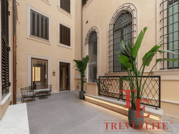 Изысканный внутренний дворит с зелеными растениями и красивыми окнами в стиле классической архитектуры. Идеальное место для отдыха или встреч в элегантной атмосфере.