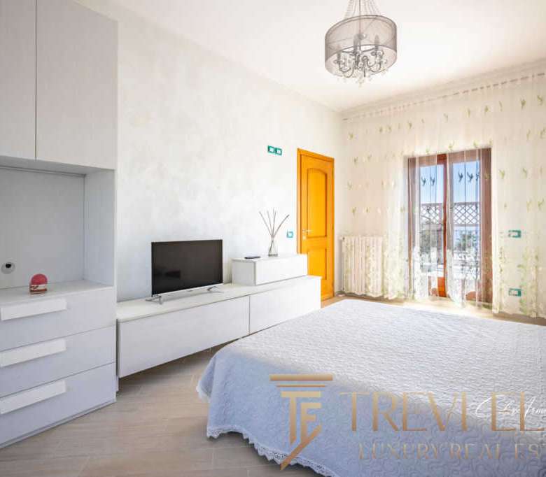 Роскошная спальня с чистым дизайном и уютной атмосферой, большие окна с шторками и французским балконом, светлый интерьер, современные элементы, подходящая для элитной недвижимости.