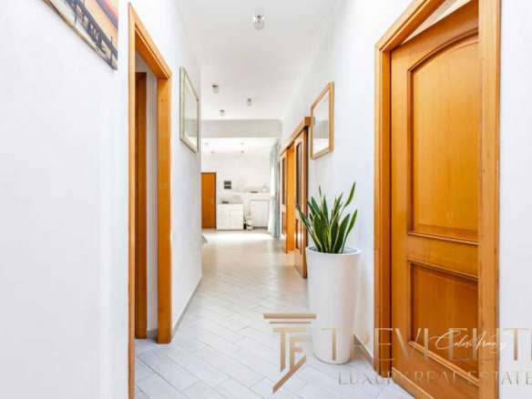 Элегантный интерьер коридора в современном доме с деревянными дверями и зелёным растением в белом горшке.