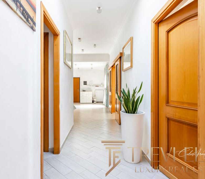 Элегантный интерьер коридора в современном доме с деревянными дверями и зелёным растением в белом горшке.