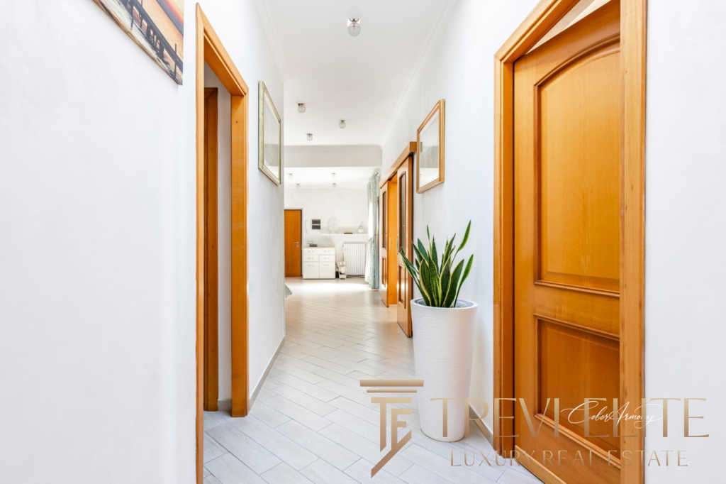 Элегантный интерьер коридора в современном доме с деревянными дверями и зелёным растением в белом горшке.