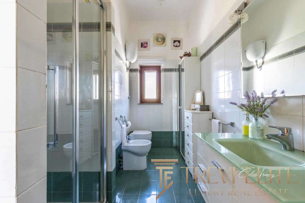 Окно ванной комнаты с зеркальным шкафом, зеленой раковиной и ванной, украшенной цветами, в светлом пространстве с современным дизайном и естественным освещением.