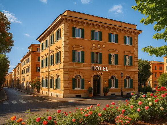 Роскошный отель с классической архитектурой, зеленой отделкой окон и декоративными элементами в теплых тонах, окруженный цветущими розами и зеленью, под ярким солнцем, привлекательное место для роскошного отдыха.