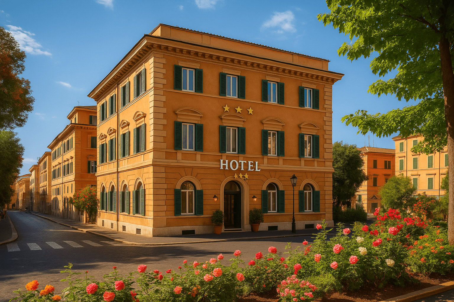 Роскошный отель с классической архитектурой, зеленой отделкой окон и декоративными элементами в теплых тонах, окруженный цветущими розами и зеленью, под ярким солнцем, привлекательное место для роскошного отдыха.