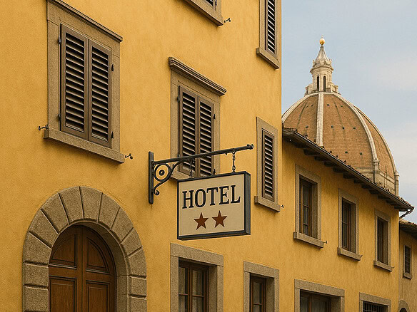 туристический отель, оранжевое здание, итальянская архитектура, узорчатая дверь, окна с деревянными ставнями, уличное дерево, уютное место для отдыха, туристическая достопримечательность, классический дизайн, старинная атмосфера.