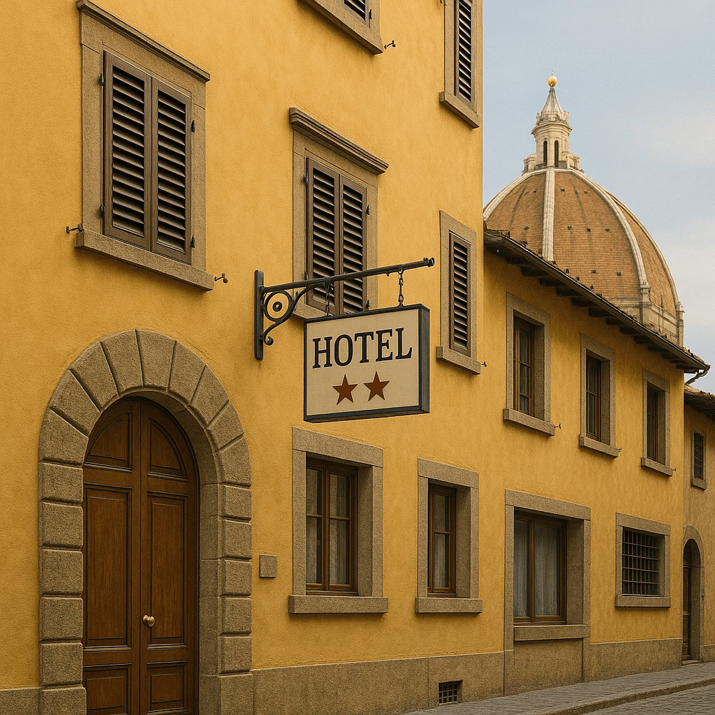 туристический отель, оранжевое здание, итальянская архитектура, узорчатая дверь, окна с деревянными ставнями, уличное дерево, уютное место для отдыха, туристическая достопримечательность, классический дизайн, старинная атмосфера.