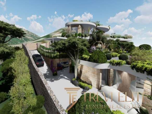 Изысканный современный особняк с террасами и пестрым ландшафтом, расположен на холме с живописным видом на природу и горы, оснащён автостоянкой и просторными зонами для отдыха и развлечений.