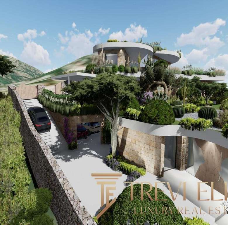 Изысканный современный особняк с террасами и пестрым ландшафтом, расположен на холме с живописным видом на природу и горы, оснащён автостоянкой и просторными зонами для отдыха и развлечений.