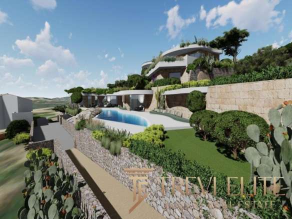 Вид современного элитного особняка на холме с бассейном, окруженного зеленью и каменной отделкой, под ярким голубым небом, демонстрирующий высокий уровень роскоши и эксклюзивности.