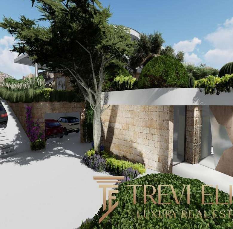 Высококлассное современное заграждение и вход в элитную недвижимость с ухоженной зеленой зоной и автопарковкой, окруженным стильными лестницами и натуральными материалами.