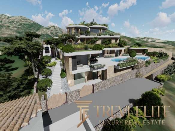 Современная вилла на холме с панорамным видом, бассейном и террасами, окруженная зеленью и ландшафтным дизайном, идеально подходит для роскошной жизни и инвестиций в элитную недвижимость Италии.