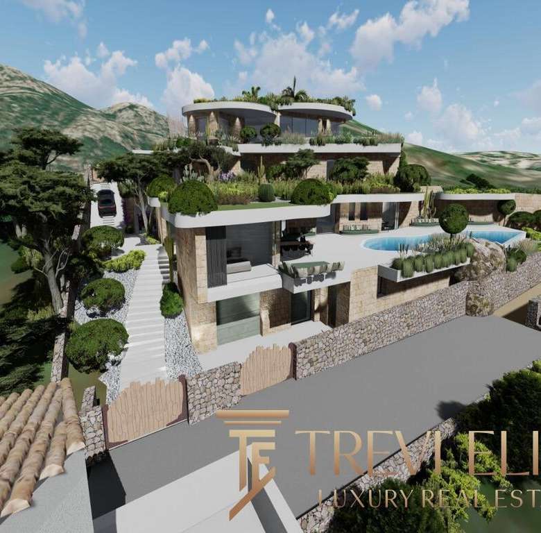 Современная вилла на холме с панорамным видом, бассейном и террасами, окруженная зеленью и ландшафтным дизайном, идеально подходит для роскошной жизни и инвестиций в элитную недвижимость Италии.