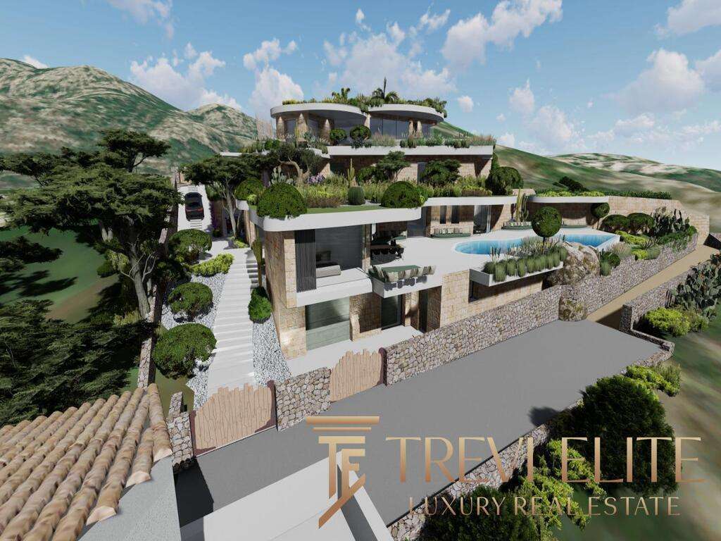 Современная вилла на холме с панорамным видом, бассейном и террасами, окруженная зеленью и ландшафтным дизайном, идеально подходит для роскошной жизни и инвестиций в элитную недвижимость Италии.