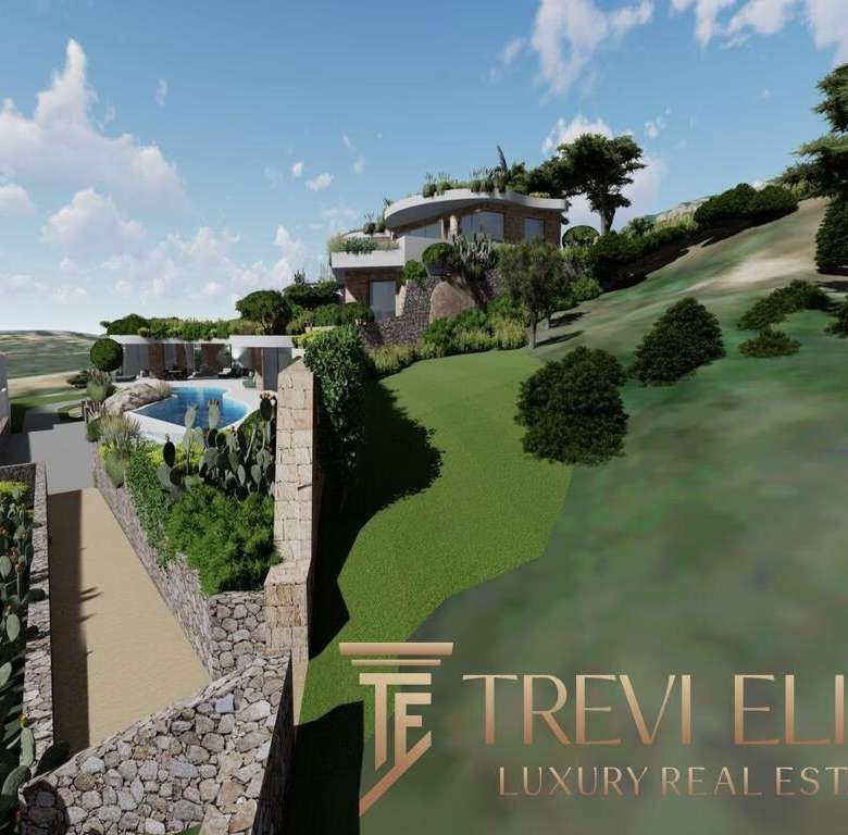 Роскошный современный дом на склоне холма с бассейном и панорамным видом, окружённый зеленью и ландшафтным дизайном. Идеальное жильё для ценителей высокого стиля и уединения.