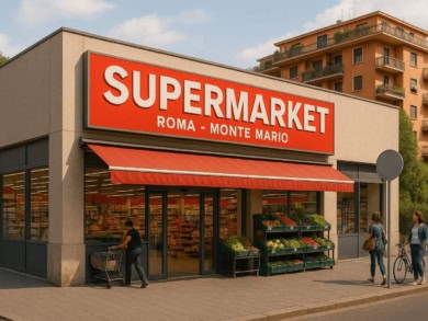 Supermarket fachada, итальянский продуктовый магазин с яркой вывеской, современный дизайн, покупатели на улице, городская атмосфера, Milan, Italy.