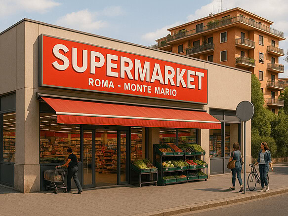 Supermarket fachada, итальянский продуктовый магазин с яркой вывеской, современный дизайн, покупатели на улице, городская атмосфера, Milan, Italy.