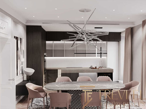 Современная квартира с уютной кухней и зоной для обедов, стильным освещением и функциональной мебелью в светлых и тёмных тонах. Идеальное решение для комфортной жизни.