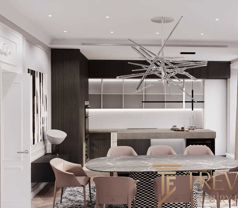Современная квартира с уютной кухней и зоной для обедов, стильным освещением и функциональной мебелью в светлых и тёмных тонах. Идеальное решение для комфортной жизни.