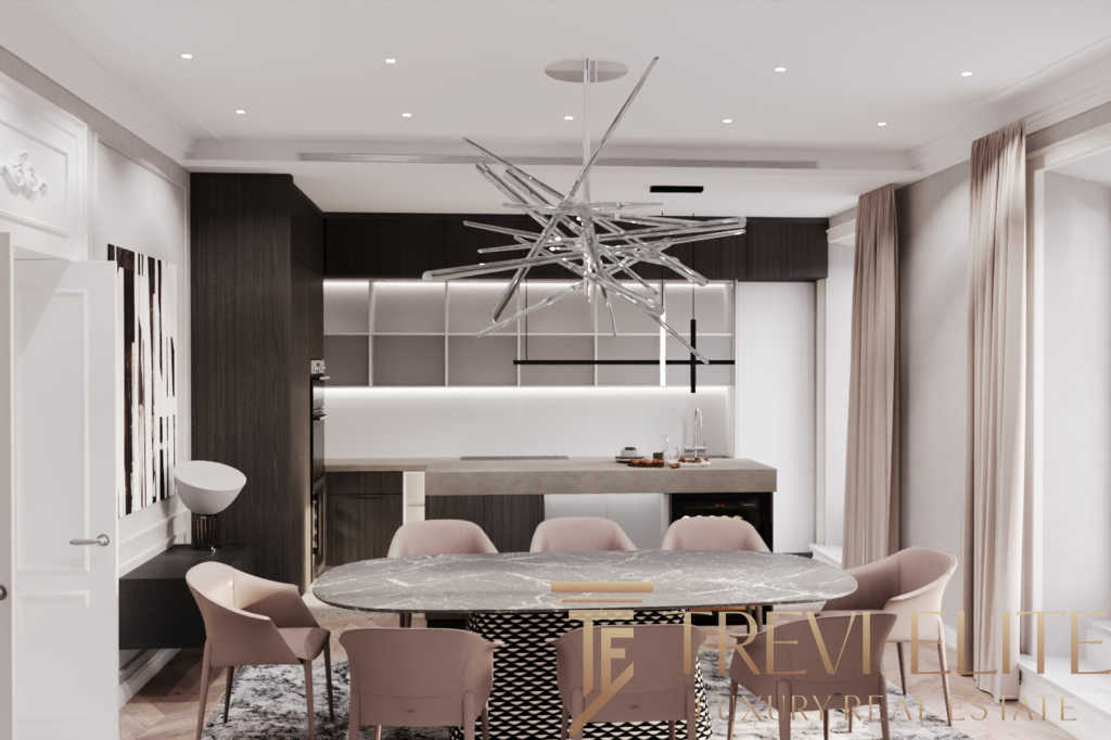 Современная квартира с уютной кухней и зоной для обедов, стильным освещением и функциональной мебелью в светлых и тёмных тонах. Идеальное решение для комфортной жизни.