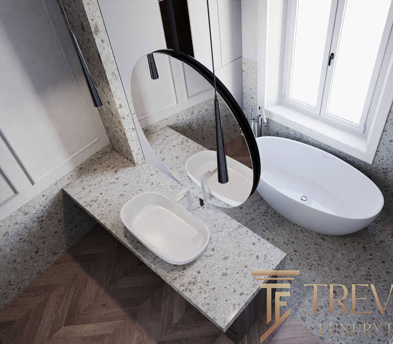 Роскошная ванная комната с современной ванной и гранитной отделкой на окне. Идеальное решение для стильного интерьера и комфорта в элитном жилье.