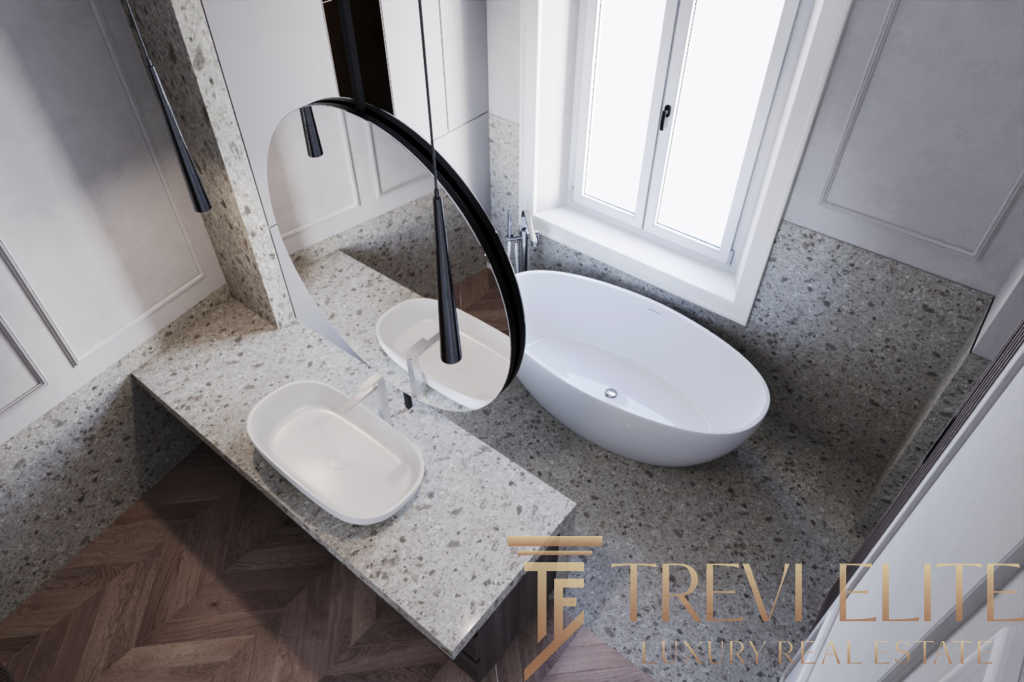 Роскошная ванная комната с современной ванной и гранитной отделкой на окне. Идеальное решение для стильного интерьера и комфорта в элитном жилье.