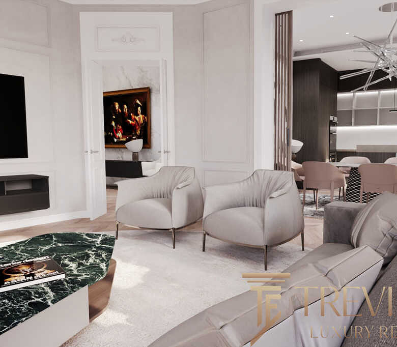 Роскошная гостиная с современным дизайном, мягкой мебелью и элегантным декором, создающая уютную атмосферу для отдыха и встреч.