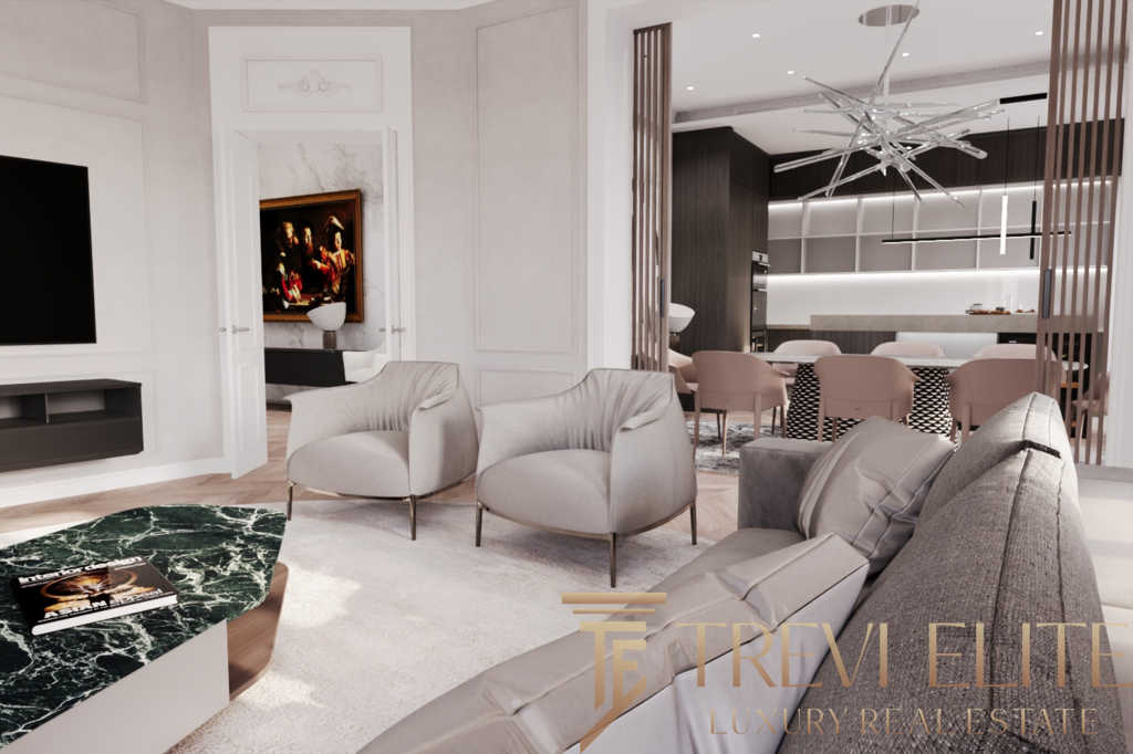 Роскошная гостиная с современным дизайном, мягкой мебелью и элегантным декором, создающая уютную атмосферу для отдыха и встреч.