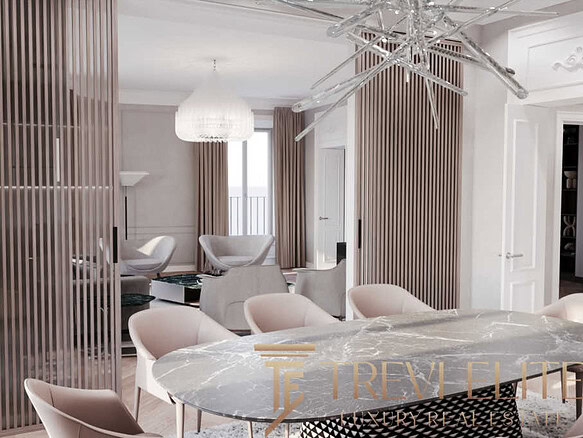 Роскошный современный интерьер жилой квартиры в стиле модерн, с белыми стенами, просторной гостиной, изысканной мебелью и освещением, создающим уютную атмосферу для комфорта и отдыха.