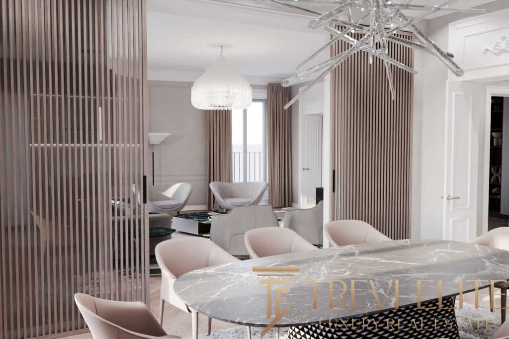 Роскошный современный интерьер жилой квартиры в стиле модерн, с белыми стенами, просторной гостиной, изысканной мебелью и освещением, создающим уютную атмосферу для комфорта и отдыха.