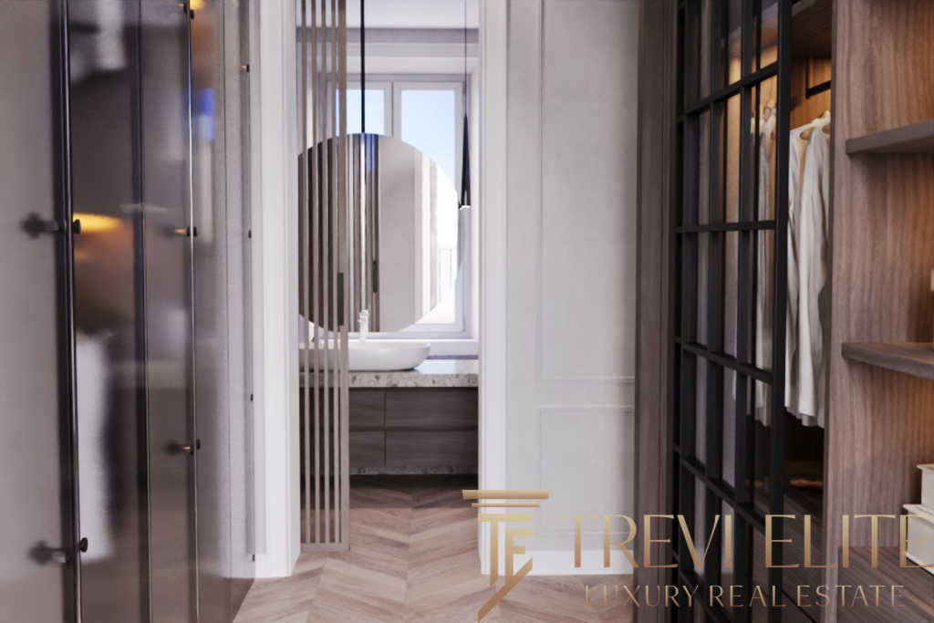 Высококлассная ванная с современным дизайном, зеркало, отделка из дерева и стекла, светлая комната с уютной атмосферой, идеальная для элитных апартаментов.