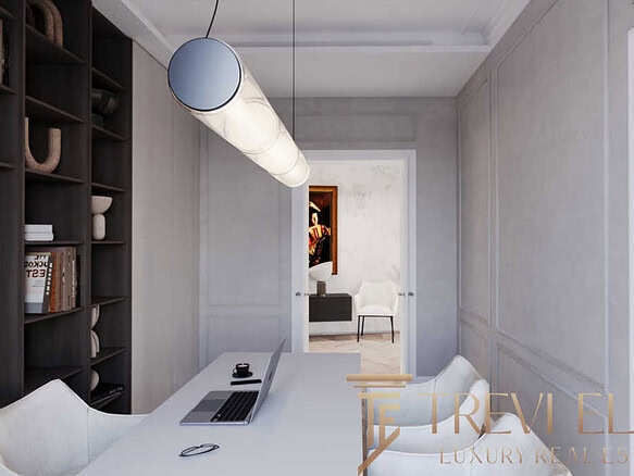 Комната в современном стиле с белыми стенами, книжной полкой, светильником и рабочим столом с ноутбуком. Просторное и элегантное интерьерное решение для элитной недвижимости.