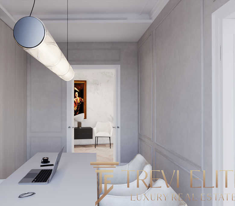 Комната в современном стиле с белыми стенами, книжной полкой, светильником и рабочим столом с ноутбуком. Просторное и элегантное интерьерное решение для элитной недвижимости.