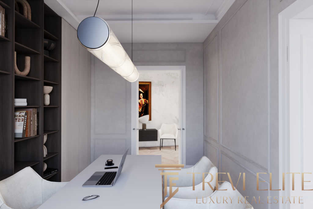 Комната в современном стиле с белыми стенами, книжной полкой, светильником и рабочим столом с ноутбуком. Просторное и элегантное интерьерное решение для элитной недвижимости.
