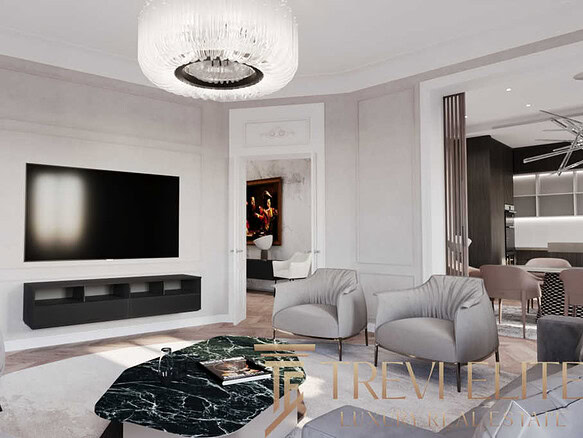Элегантная современная гостиная с белыми стенами, мягкой мебелью и крупным телевизором, создающая уют и стиль в доме.