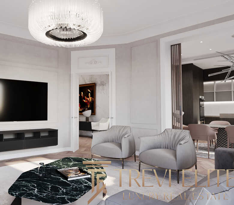 Элегантная современная гостиная с белыми стенами, мягкой мебелью и крупным телевизором, создающая уют и стиль в доме.