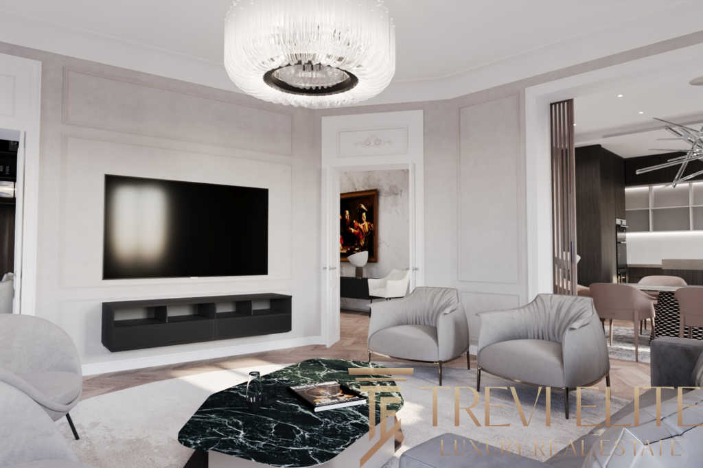 Элегантная современная гостиная с белыми стенами, мягкой мебелью и крупным телевизором, создающая уют и стиль в доме.