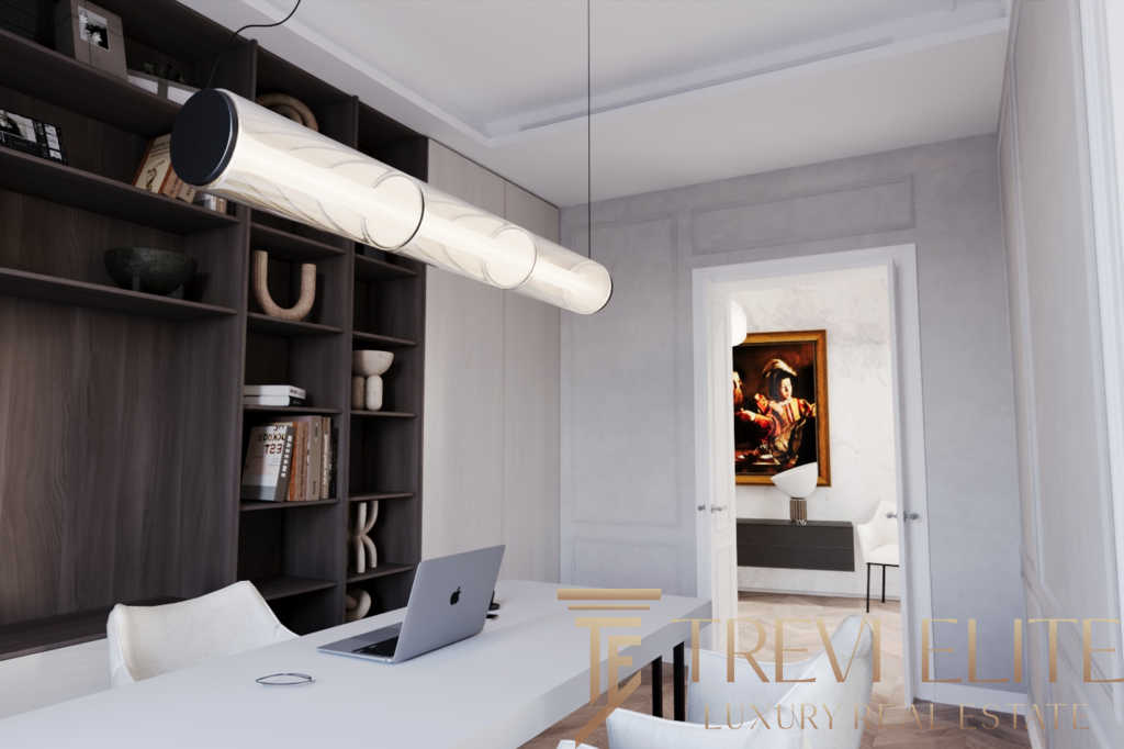 Современный домашний офис с компьютерным столом, стильными книгами и декоративными элементами. Отличное пространство для работы и творчества в элитной недвижимости.