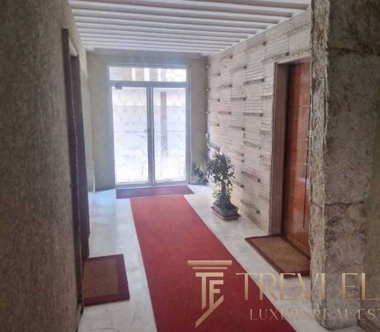 Современный интерьер коридора в элитной недвижимости, дизайнерские решения, натуральные материалы, светлые оттенки, уютная прихожая с растениями.