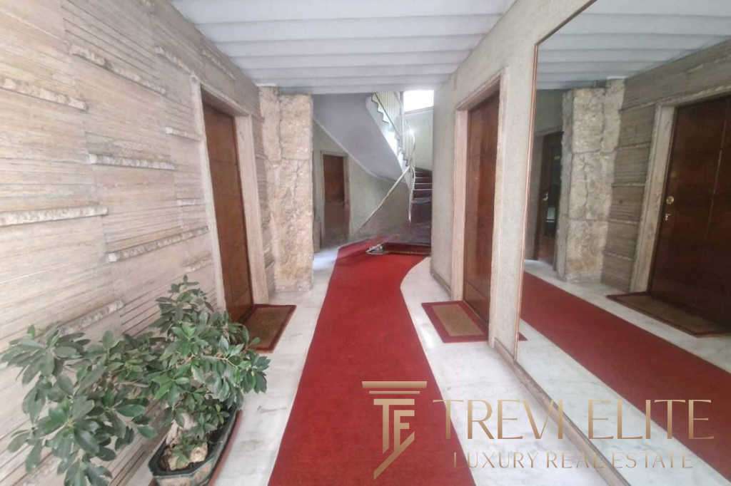 Комнатный коридор в элитной недвижимости, отделка в стиле хай-тек, роскошный дизайн интерьера с деревянными элементами и уютным ковровым покрытием.