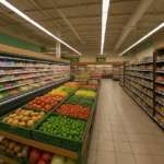 Свежие овощи и фрукты в продуктовом магазине, яркое и современное оформление, ассортимент из яблок, помидоров, огурцов и других продуктов, оптимальное место для покупок продуктов питания.