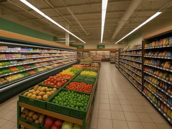 Свежие овощи и фрукты в продуктовом магазине, яркое и современное оформление, ассортимент из яблок, помидоров, огурцов и других продуктов, оптимальное место для покупок продуктов питания.