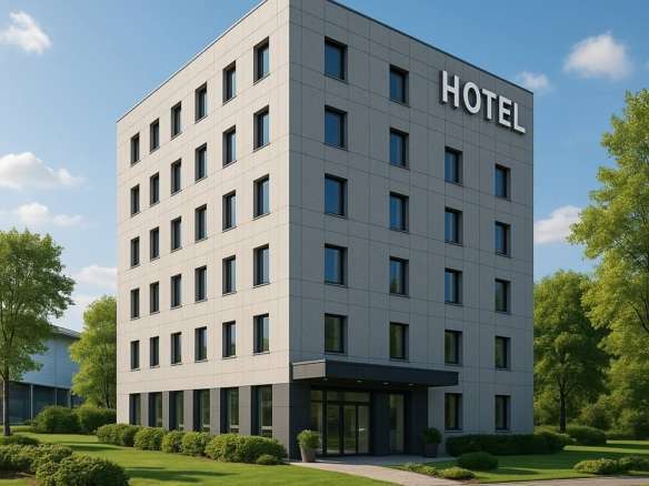 Современный гостиничный комплекс с множеством этажей и стильным фасадом, окружённый зелёным ландшафтом для высокого уровня комфорта и роскоши.