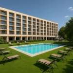 современный жилой комплекс с бассейном и зонами отдыха для элитной недвижимости в Италии.