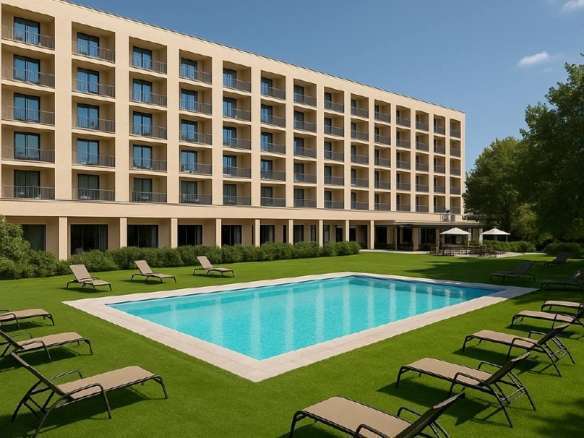 современный жилой комплекс с бассейном и зонами отдыха для элитной недвижимости в Италии.