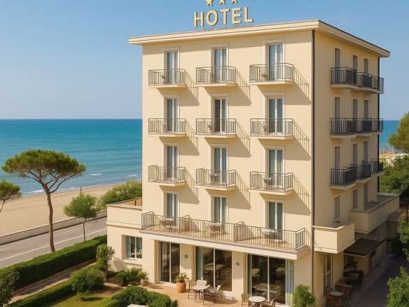 Современный отель на берегу моря с балконами, панорамным видом и уютной террасой, идеально подходящий для роскошного отдыха у моря. Настроение отдыха и комфорт гарантированы.