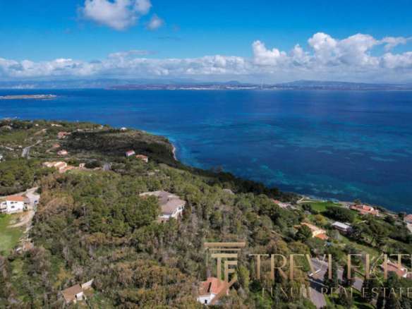 Вид на живописное побережье Средиземного моря с элитными виллами и зелеными насаждениями, предлагающий уникальное сочетание природы и роскошной недвижимости на берегу.