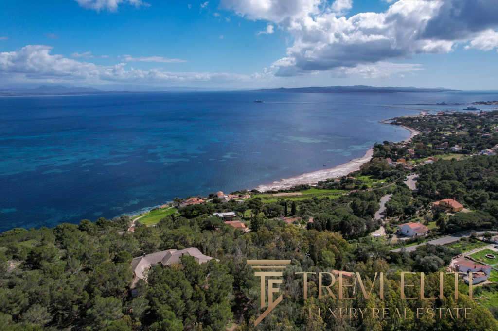 Изысканный береговой пейзаж с видом на море и частные виллы в роскошной итальянской зоне.