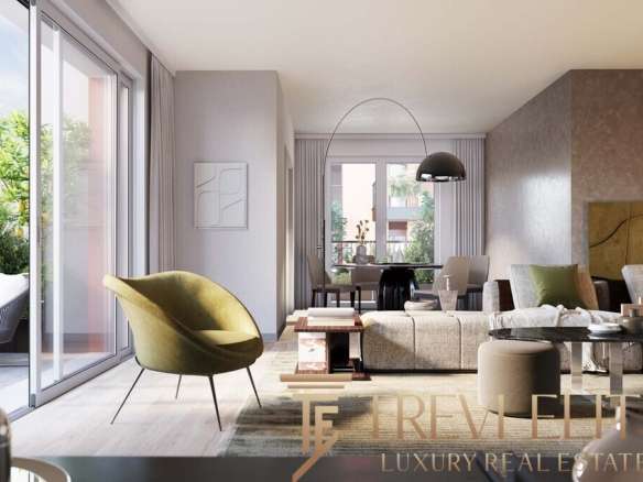 Роскошная гостиная с большими панорамными окнами, современным интерьером и уютной атмосферой, идеально подходящая для проживания в элитных апартаментах, предлагаемых агентством Треви Элит.
