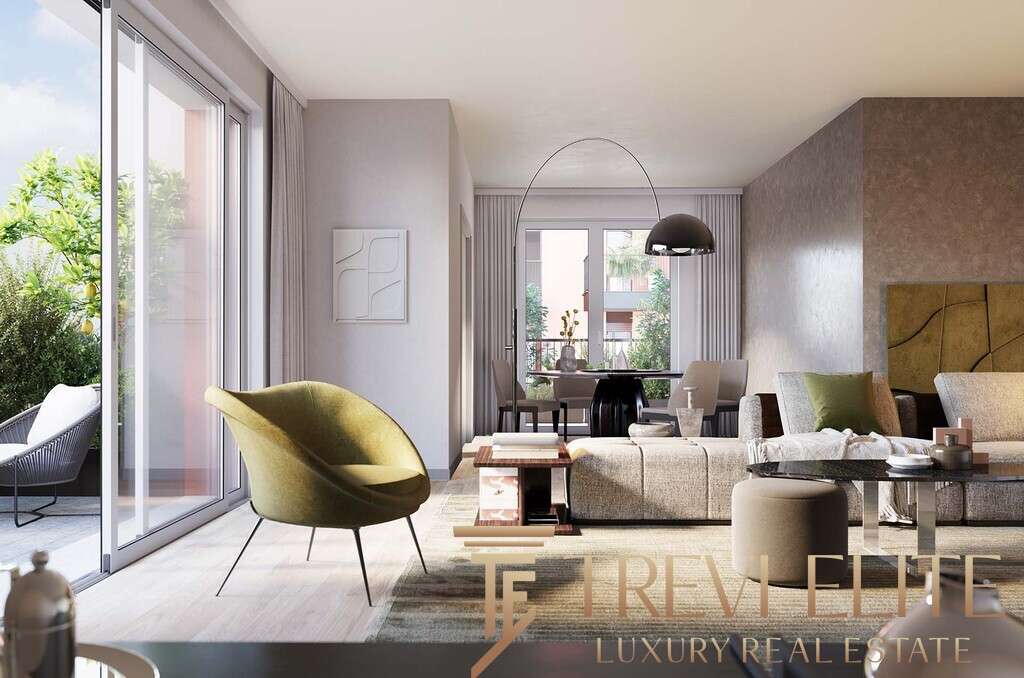 Роскошная гостиная с большими панорамными окнами, современным интерьером и уютной атмосферой, идеально подходящая для проживания в элитных апартаментах, предлагаемых агентством Треви Элит.